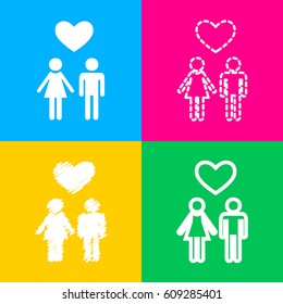 Family symbol with heart. Husband and wife are kept each other`s hands. Love. Four styles of icon on four color squares.
