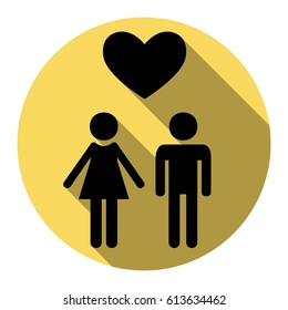 Family symbol with heart. Husband and wife are kept each other`s hands. Love. Vector. Flat black icon with flat shadow on royal yellow circle with white background. Isolated.