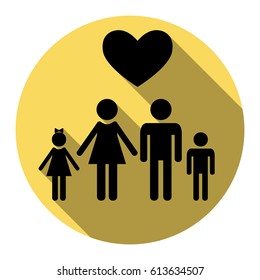 Family symbol with heart. Husband and wife are kept children's hands. Love. Vector. Flat black icon with flat shadow on royal yellow circle with white background. Isolated.