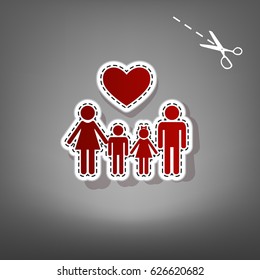 Family symbol with heart. Husband and wife are kept children's hands. Vector. Red icon with for applique from paper with shadow on gray background with scissors.