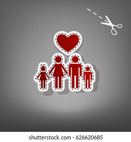 Family symbol with heart. Husband and wife are kept children's hands. Love. Vector. Red icon with for applique from paper with shadow on gray background with scissors.