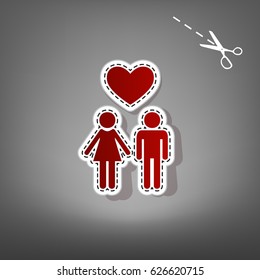 Family symbol with heart. Husband and wife are kept each other`s hands. Love. Vector. Red icon with for applique from paper with shadow on gray background with scissors.