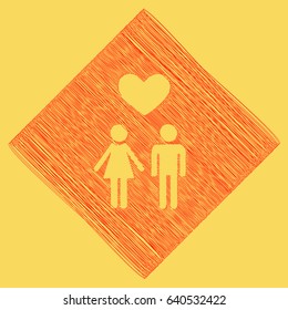 Family symbol with heart. Husband and wife are kept each other`s hands. Love. Vector. Red scribble icon obtained as a result of subtraction rhomb and path. Royal yellow background.