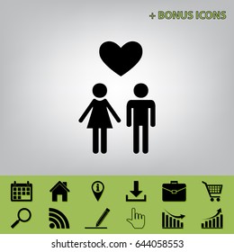 Family symbol with heart. Husband and wife are kept each other`s hands. Love. Vector. Black icon at gray background with bonus icons 