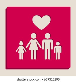 Family symbol with heart. Husband and wife are kept children's hands. Love. Vector. Grayscale version of Popart-style icon.