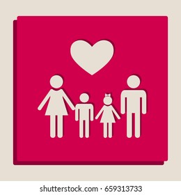 Family symbol with heart. Husband and wife are kept children's hands. Vector. Grayscale version of Popart-style icon.