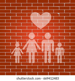 Family symbol with heart. Husband and wife are kept children's hands. Love. Vector. Whitish icon on brick wall as background.