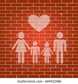 Family symbol with heart. Husband and wife are kept children's hands. Vector. Whitish icon on brick wall as background.