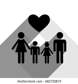 Family symbol with heart. Husband and wife are kept children's hands. Vector. Black icon with two flat gray shadows on white background.