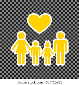 Family symbol with heart. Husband and wife are kept children's hands. Vector. Yellow icon with white contour on dark transparent background.