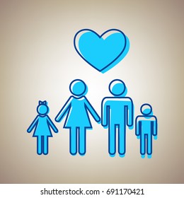 Family symbol with heart. Husband and wife are kept children's hands. Love. Vector. Sky blue icon with defected blue contour on beige background.