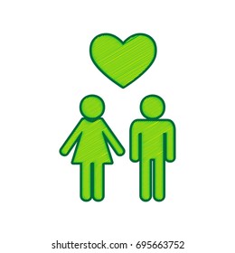 Family symbol with heart. Husband and wife are kept each other's hands. Love. Vector. Lemon scribble icon on white background. Isolated