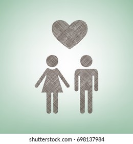 Family symbol with heart. Husband and wife are kept each other's hands. Love. Vector. Brown flax icon on green background with light spot at the center.