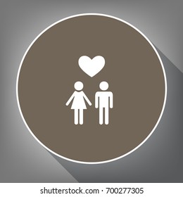 Family symbol with heart. Husband and wife are kept each other's hands. Love. Vector. White icon on brown circle with white contour and long shadow at gray background. Like top view on postament.