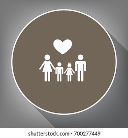 Family symbol with heart. Husband and wife are kept children's hands. Vector. White icon on brown circle with white contour and long shadow at gray background. Like top view on postament.