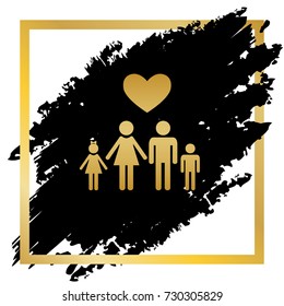 Family symbol with heart. Husband and wife are kept children's hands. Love. Vector. Golden icon at black spot inside golden frame on white background.