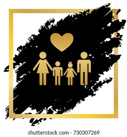 Family symbol with heart. Husband and wife are kept children's hands. Vector. Golden icon at black spot inside golden frame on white background.