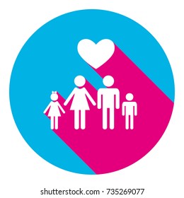 Family symbol with heart. Husband and wife are kept children's hands. Love. Vector. Flat white icon with mexican pink shadow inside sky blue(S and G) circle at white background. Isolated.