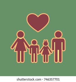 Family symbol with heart. Husband and wife are kept children's hands. Vector. Cordovan icon and mellow apricot halo with light khaki filled space at russian green background.