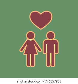 Family symbol with heart. Husband and wife are kept each other's hands. Love. Vector. Cordovan icon and mellow apricot halo with light khaki filled space at russian green background.