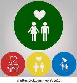 Family symbol with heart. Husband and wife are kept each other's hands. Love. Vector. 4 white styles of icon at 4 colored circles on light gray background.