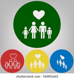 Family symbol with heart. Husband and wife are kept children's hands. Love. Vector. 4 white styles of icon at 4 colored circles on light gray background.