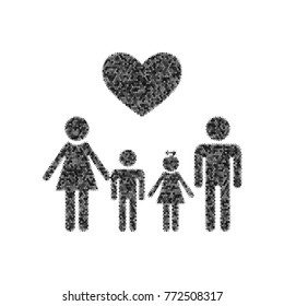 Family symbol with heart. Husband and wife are kept children's hands. Vector. Black icon from many ovelapping circles with random opacity on white background. Noisy. Isolated.