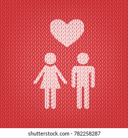 Family symbol with heart. Husband and wife are kept each other's hands. Love. Vector. Knitted white icon on a red knitted background.