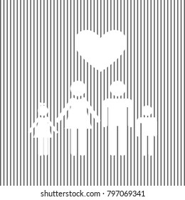 Family symbol with heart. Husband and wife are kept children's hands. Love. Vector. White icon on grayish striped background. Optical illusion.