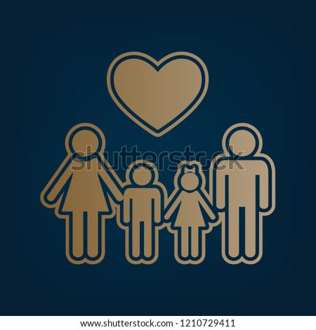 Family symbol with heart. Husband and wife are kept children's hands. Vector. Golden icon and border at dark cyan background.