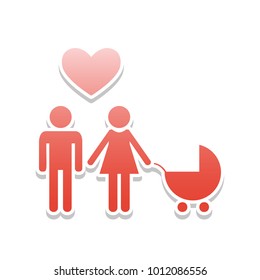 Family symbol with pram and heart. Husband and wife are kept each other's hands. Love. Vector. Reddish icon with white and gray shadow on white background. Isolated.