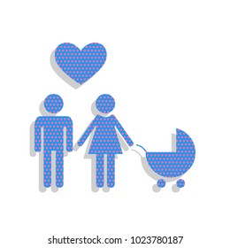 Family symbol with pram and heart. Husband and wife are kept each other's hands. Love. Vector. Neon blue icon with cyclamen polka dots pattern with light gray shadow on white background. Isolated.