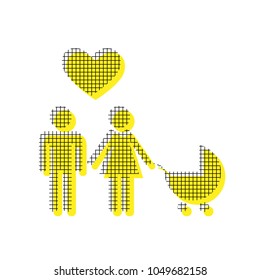 Family symbol with pram and heart. Husband and wife are kept each other's hands. Love. Vector. Yellow icon with square pattern duplicate at white background. Isolated.