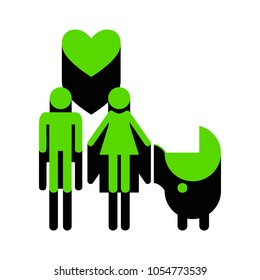 Family symbol with pram and heart. Husband and wife are kept each other's hands. Love. Vector. Green 3d icon with black side on white background. Isolated.