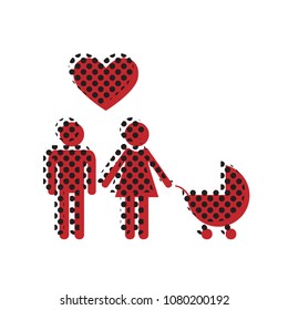 Family symbol with pram and heart. Husband and wife are kept each other's hands. Love. Vector. Brown icon with shifted black circle pattern as duplicate at white background. Isolated.