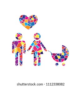 Family symbol with pram and heart. Husband and wife are kept each other's hands. Love. Vector. Stained glass icon on white background. Colorful polygons. Isolated.