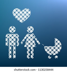 Family symbol with pram and heart. Husband and wife are kept each other's hands. Love. Vector. White textured icon at lapis lazuli gradient background.