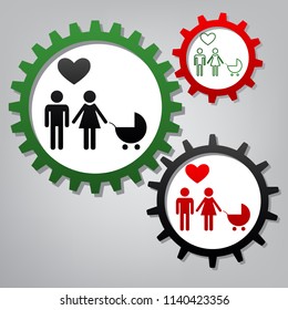 Family symbol with pram and heart. Husband and wife are kept each other's hands. Love. Vector. Three connected gears with icons at grayish background.