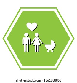 Family symbol with pram and heart. Husband and wife are kept each other's hands. Love. Vector. White icon with black shadow at yellow green honeycomb on white background.