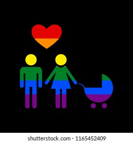 Family symbol with pram and heart. Husband and wife are kept each other's hands. Love. Vector. Icon with colors of LGBT flag at black background.