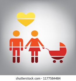 Family symbol with pram and heart. Husband and wife are kept each other's hands. Love. Vector. Horizontally sliced icon with colors from sunny gradient in gray background.