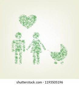 Family symbol with pram and heart. Husband and wife are kept each other's hands. Love. Vector. Green hexagon rastered icon and noised opacity and size at light green background with central light.