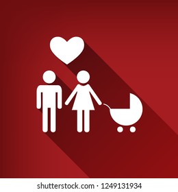 Family symbol with pram and heart. Husband and wife are kept each other's hands. Love. Vector. White icon with limitless shadow at ruby red background.