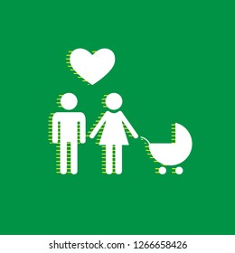 Family symbol with pram and heart. Husband and wife are kept each other's hands. Love. Vector. White flat icon with yellow striped shadow at green background.