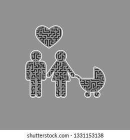 Family symbol with pram and heart. Husband and wife are kept each other's hands. Love. Vector. Black maze filled icon with white border at gray background.