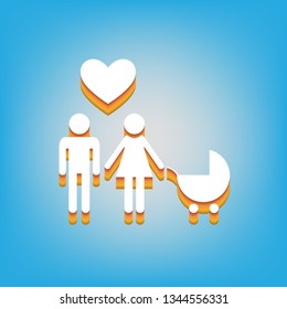 Family symbol with pram and heart. Husband and wife are kept each other's hands. Love. Vector. White icon with 3d warm-colored gradient body at sky blue background.