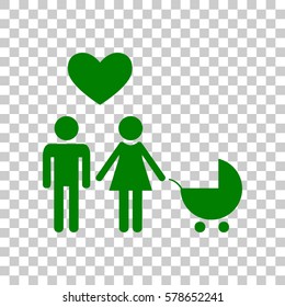 Family symbol with pram and heart. Husband and wife are kept each other`s hands. Love. Dark green icon on transparent background.