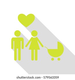 Family symbol with pram and heart. Husband and wife are kept each other`s hands. Love. Pear icon with flat style shadow path.