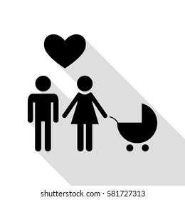 Family symbol with pram and heart. Husband and wife are kept each other`s hands. Love. Black icon with flat style shadow path.