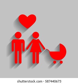 Family symbol with pram and heart. Husband and wife are kept each other`s hands. Love. Vector. Red icon with soft shadow on gray background.